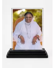 Mata Amritanandamayi Acrylic Car Dashboard Showpiece | Double-Sided Mata Amritanandamayi Photo Stand | 3 X 4 Inch Photo | Transparent Acrylic Frame With Black Base | Car Dashboard, Office & Table Decor (F70443)
