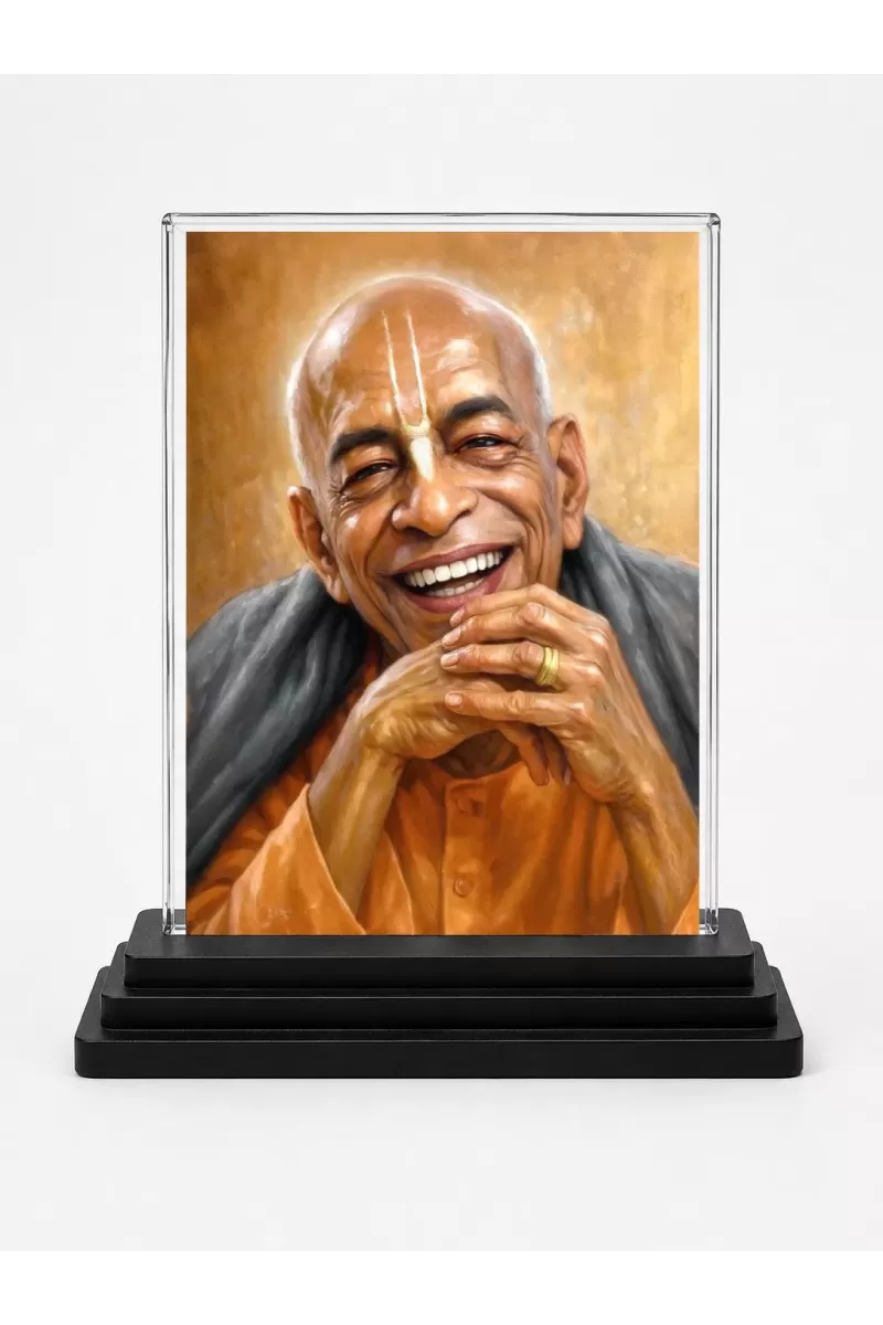 A.C. Bhaktivedanta Swami Prabhupada Acrylic Car Dashboard Showpiece | Double-Sided A.C. Bhaktivedanta Swami Prabhupada Photo Stand | 3 X 4 Inch Photo | Transparent Acrylic Frame With Black Base | Car Dashboard, Office & Table Decor (F70444)