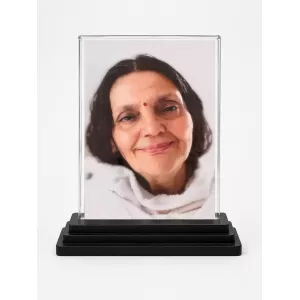 Maa Anandamoyee Acrylic Car Dashboard Showpiece | Double-Sided Maa Anandamoyee Photo Stand | 3 X 4 Inch Photo | Transparent Acrylic Frame With Black Base | Car Dashboard, Office & Table Decor (F70447)