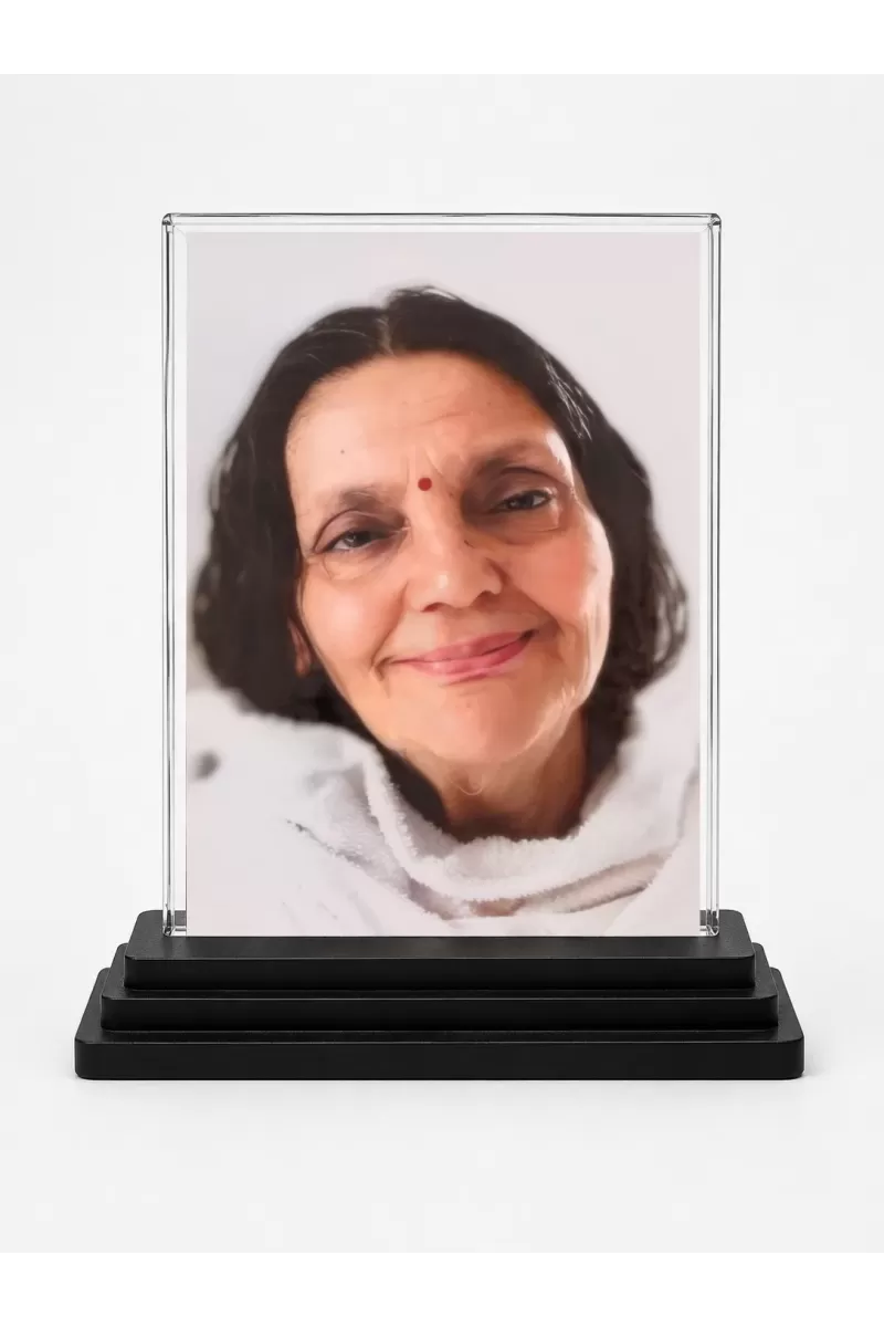 Maa Anandamoyee Acrylic Car Dashboard Showpiece | Double-Sided Maa Anandamoyee Photo Stand | 3 X 4 Inch Photo | Transparent Acrylic Frame With Black Base | Car Dashboard, Office & Table Decor (F70447)