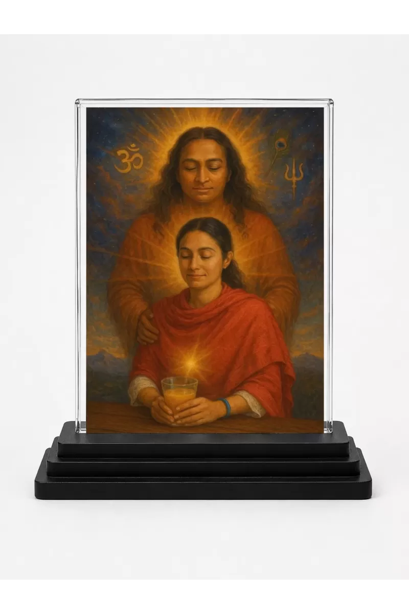 Yogadananda Acrylic Car Dashboard Showpiece | Double-Sided Yogadananda Photo Stand | 3 X 4 Inch Photo | Transparent Acrylic Frame With Black Base | Car Dashboard, Office & Table Decor (F70449)