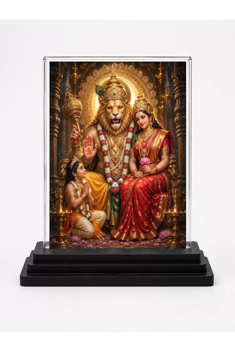 Narasimha Acrylic Car Dashboard Showpiece | Double-Sided Narasimha Photo Stand | 3 X 4 Inch Photo | Transparent Acrylic Frame With Black Base | Car Dashboard, Office & Table Decor (F70455)