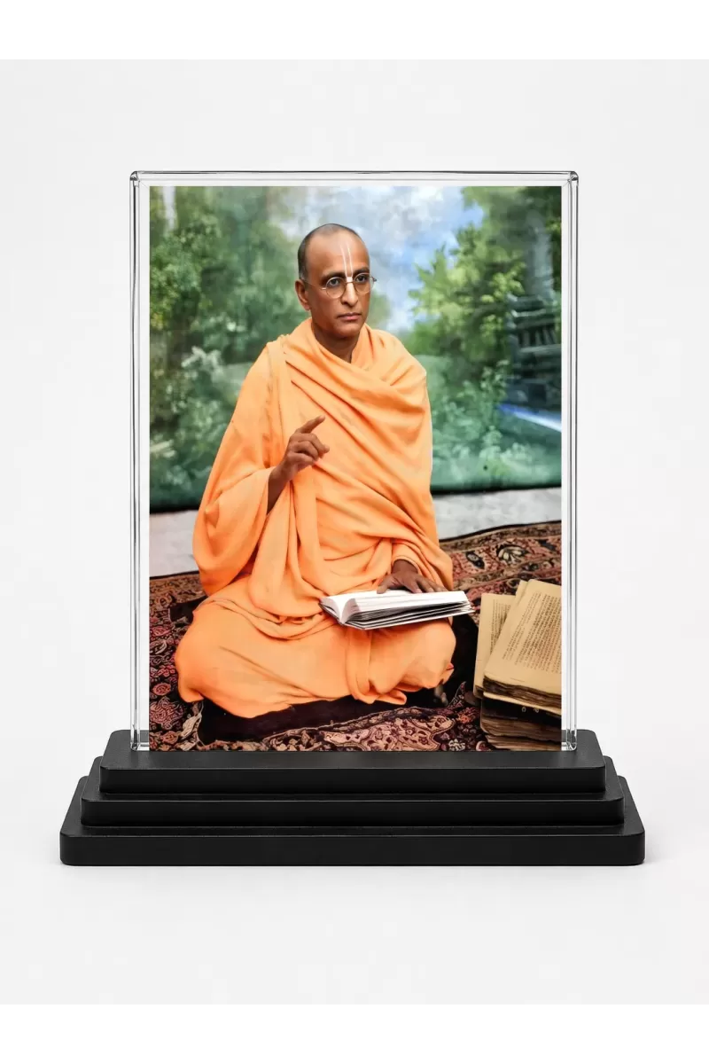 A.C. Bhaktivedanta Swami Prabhupada Acrylic Car Dashboard Showpiece | Double-Sided A.C. Bhaktivedanta Swami Prabhupada Photo Stand | 3 X 4 Inch Photo | Transparent Acrylic Frame With Black Base | Car Dashboard, Office & Table Decor (F70459)