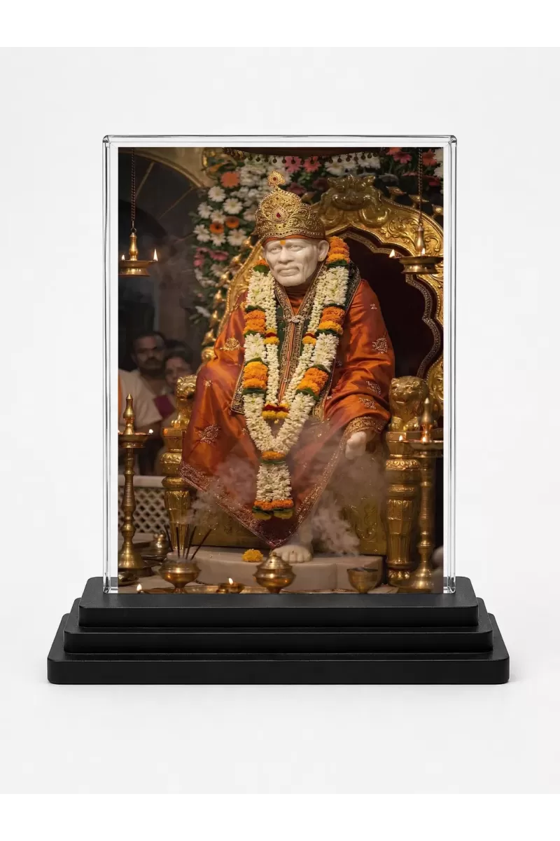 Sai Baba Acrylic Car Dashboard Showpiece | Double-Sided Sai Baba Photo Stand | 3 X 4 Inch Photo | Transparent Acrylic Frame With Black Base | Car Dashboard, Office & Table Decor (F70460)