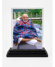 Neem Karoli Baba Acrylic Car Dashboard Showpiece | Double-Sided Neem Karoli Baba Photo Stand | 3 X 4 Inch Photo | Transparent Acrylic Frame With Black Base | Car Dashboard, Office & Table Decor (F70462)