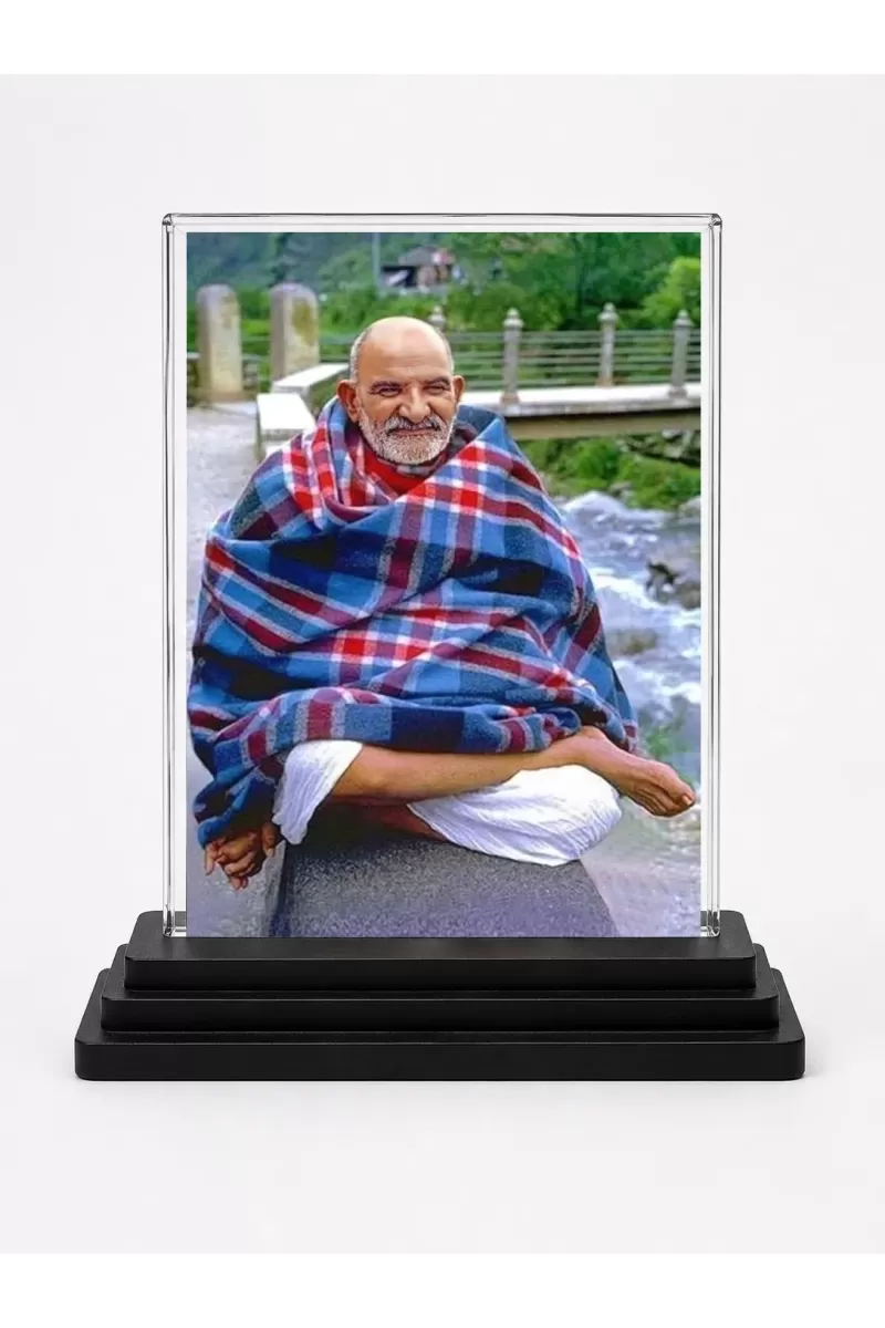 Neem Karoli Baba Acrylic Car Dashboard Showpiece | Double-Sided Neem Karoli Baba Photo Stand | 3 X 4 Inch Photo | Transparent Acrylic Frame With Black Base | Car Dashboard, Office & Table Decor (F70462)