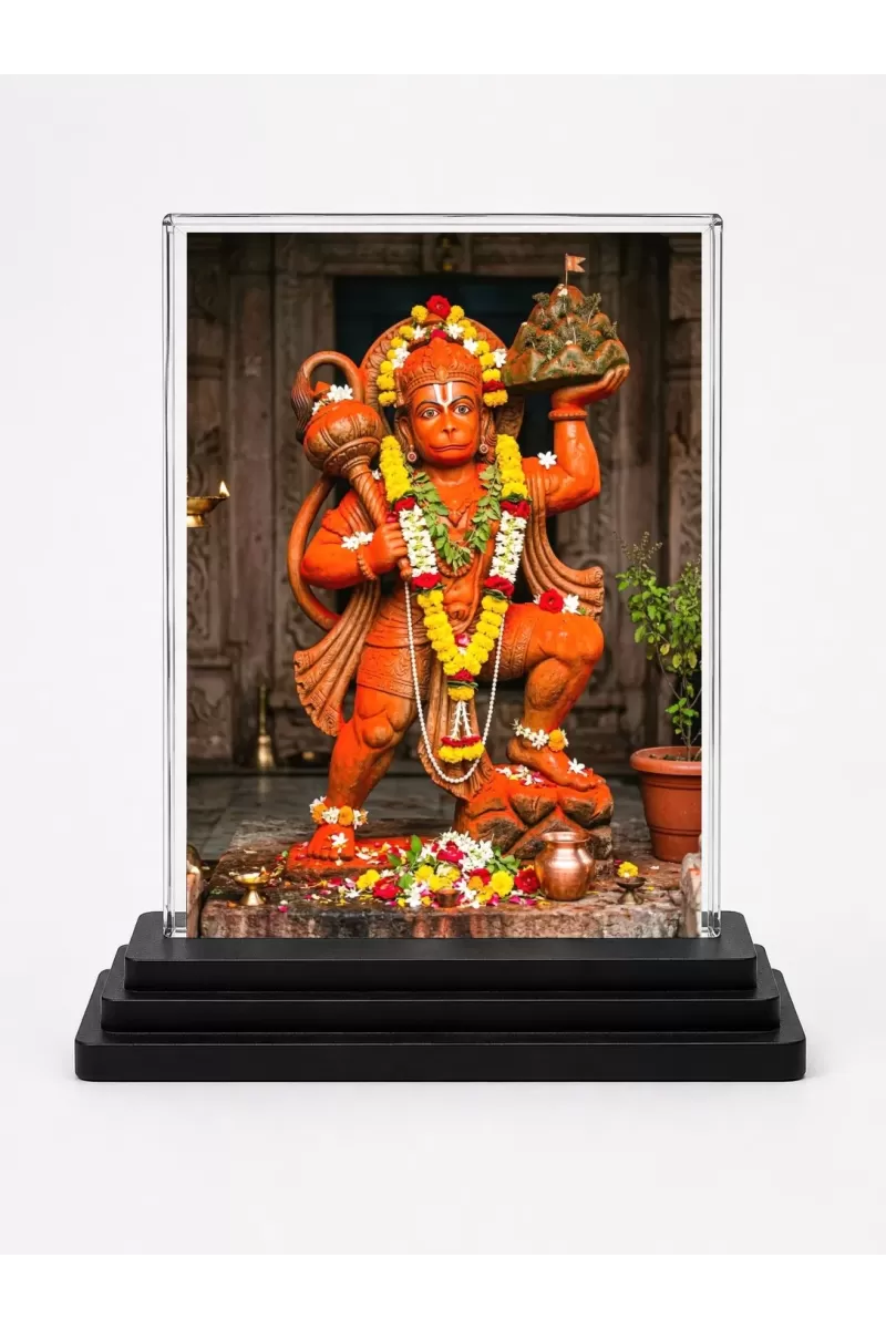 Hanuman Acrylic Car Dashboard Showpiece | Double-Sided Hanuman Photo Stand | 3 X 4 Inch Photo | Transparent Acrylic Frame With Black Base | Car Dashboard, Office & Table Decor (F70465)
