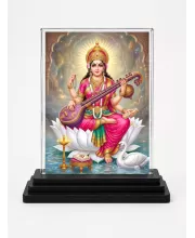 Saraswati Acrylic Car Dashboard Showpiece | Double-Sided Saraswati Photo Stand | 3 X 4 Inch Photo | Transparent Acrylic Frame With Black Base | Car Dashboard, Office & Table Decor (F70470)