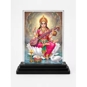 Saraswati Acrylic Car Dashboard Showpiece | Double-Sided Saraswati Photo Stand | 3 X 4 Inch Photo | Transparent Acrylic Frame With Black Base | Car Dashboard, Office & Table Decor (F70470)