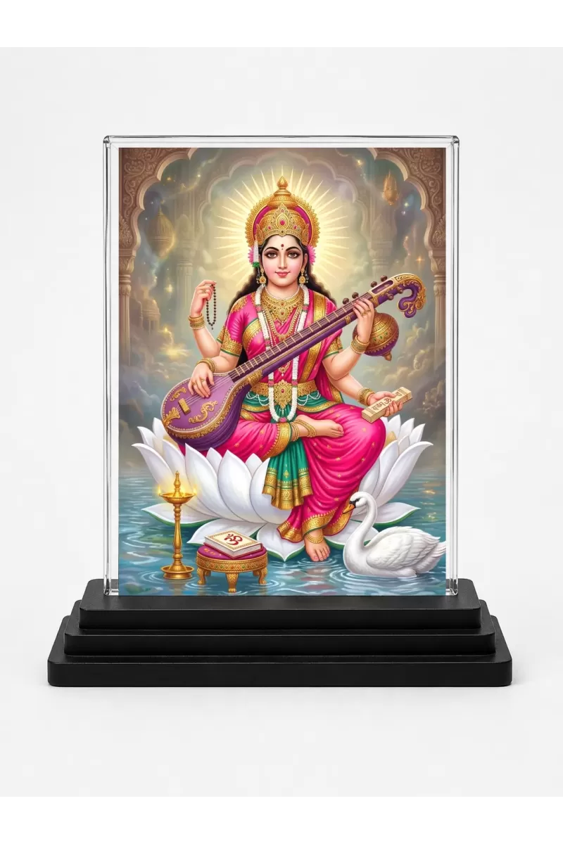 Saraswati Acrylic Car Dashboard Showpiece | Double-Sided Saraswati Photo Stand | 3 X 4 Inch Photo | Transparent Acrylic Frame With Black Base | Car Dashboard, Office & Table Decor (F70470)