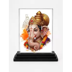 Lord Ganesha Acrylic Car Dashboard Showpiece | Double-Sided Lord Ganesha Photo Stand | 3 X 4 Inch Photo | Transparent Acrylic Frame With Black Base | Car Dashboard, Office & Table Decor (F70471)