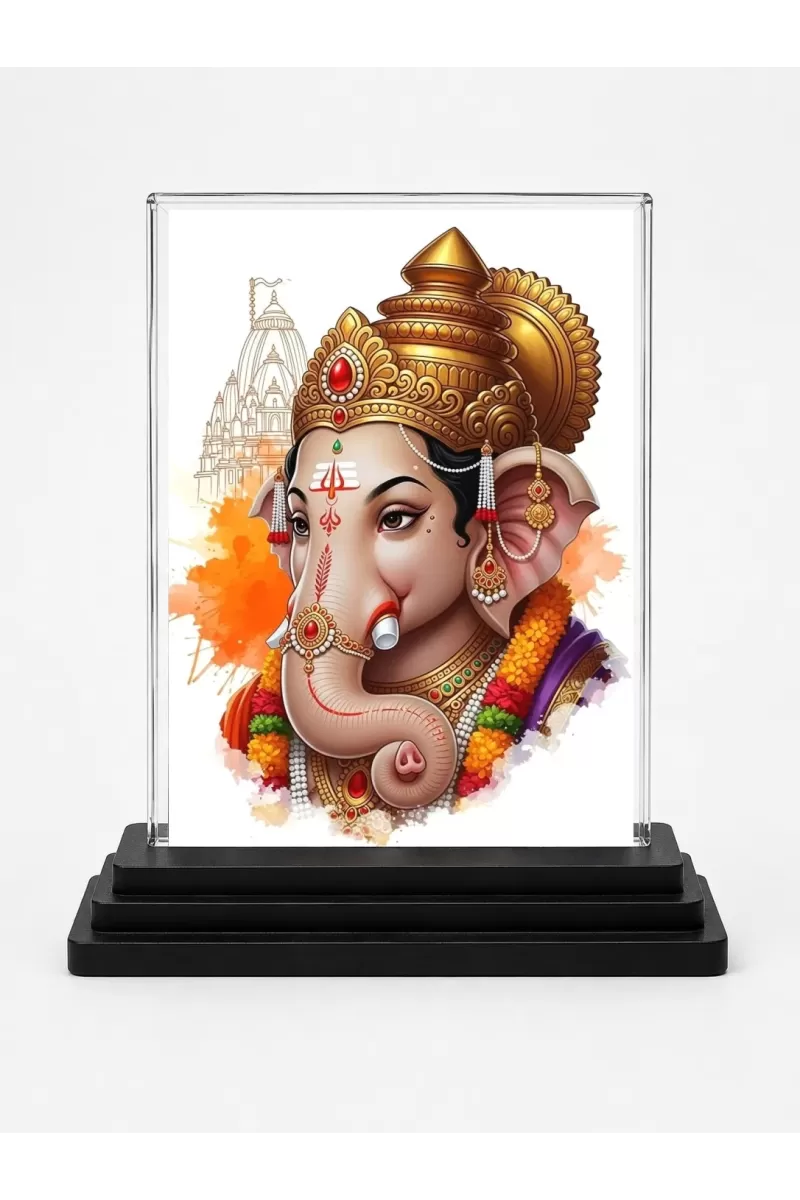 Lord Ganesha Acrylic Car Dashboard Showpiece | Double-Sided Lord Ganesha Photo Stand | 3 X 4 Inch Photo | Transparent Acrylic Frame With Black Base | Car Dashboard, Office & Table Decor (F70471)