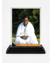 Mata Amritanandamayi Acrylic Car Dashboard Showpiece | Double-Sided Mata Amritanandamayi Photo Stand | 3 X 4 Inch Photo | Transparent Acrylic Frame With Black Base | Car Dashboard, Office & Table Decor (F70478)