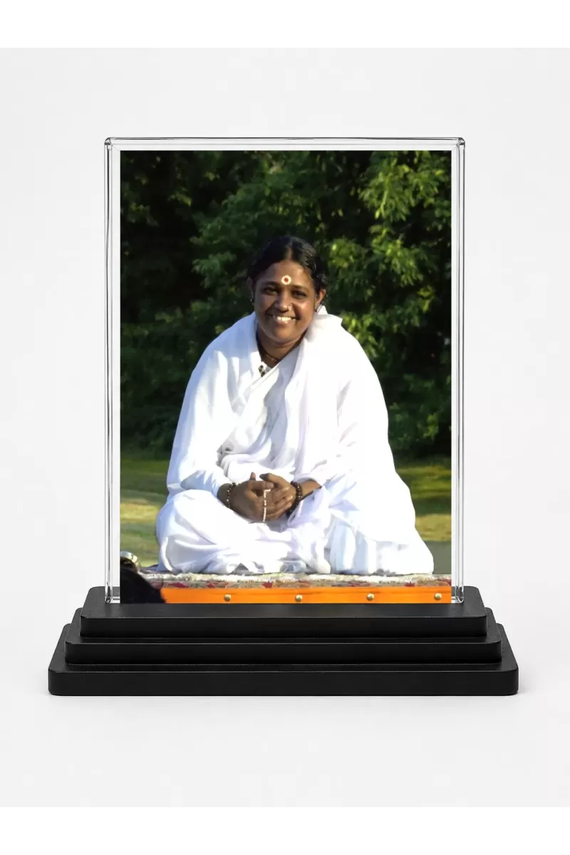 Mata Amritanandamayi Acrylic Car Dashboard Showpiece | Double-Sided Mata Amritanandamayi Photo Stand | 3 X 4 Inch Photo | Transparent Acrylic Frame With Black Base | Car Dashboard, Office & Table Decor (F70478)