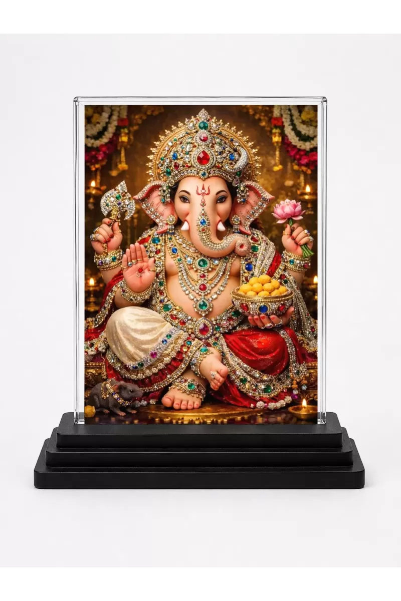 Lord Ganesha Acrylic Car Dashboard Showpiece | Double-Sided Lord Ganesha Photo Stand | 3 X 4 Inch Photo | Transparent Acrylic Frame With Black Base | Car Dashboard, Office & Table Decor (F70479)