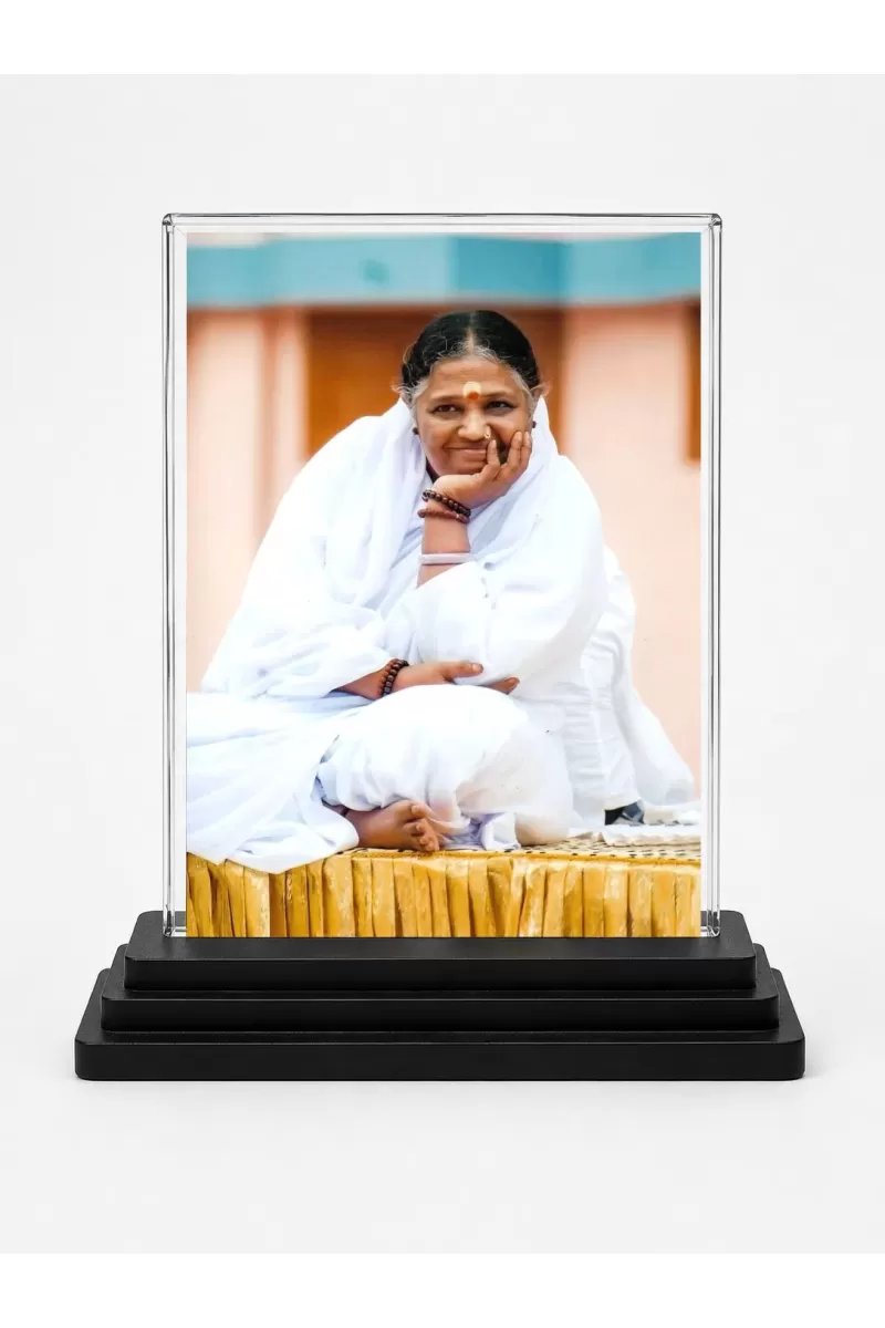 Mata Amritanandamayi Acrylic Car Dashboard Showpiece | Double-Sided Mata Amritanandamayi Photo Stand | 3 X 4 Inch Photo | Transparent Acrylic Frame With Black Base | Car Dashboard, Office & Table Decor (F70480)
