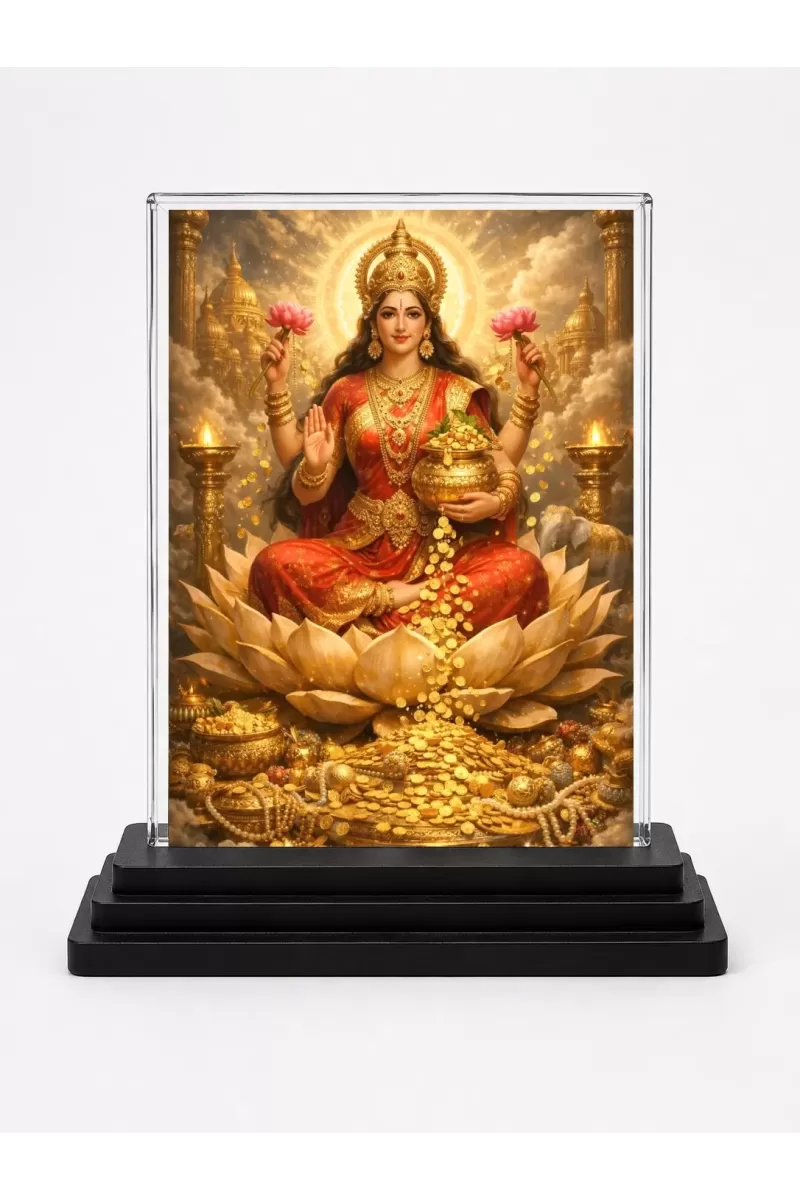 Lakshmi Acrylic Car Dashboard Showpiece | Double-Sided Lakshmi Photo Stand | 3 X 4 Inch Photo | Transparent Acrylic Frame With Black Base | Car Dashboard, Office & Table Decor (F70483)