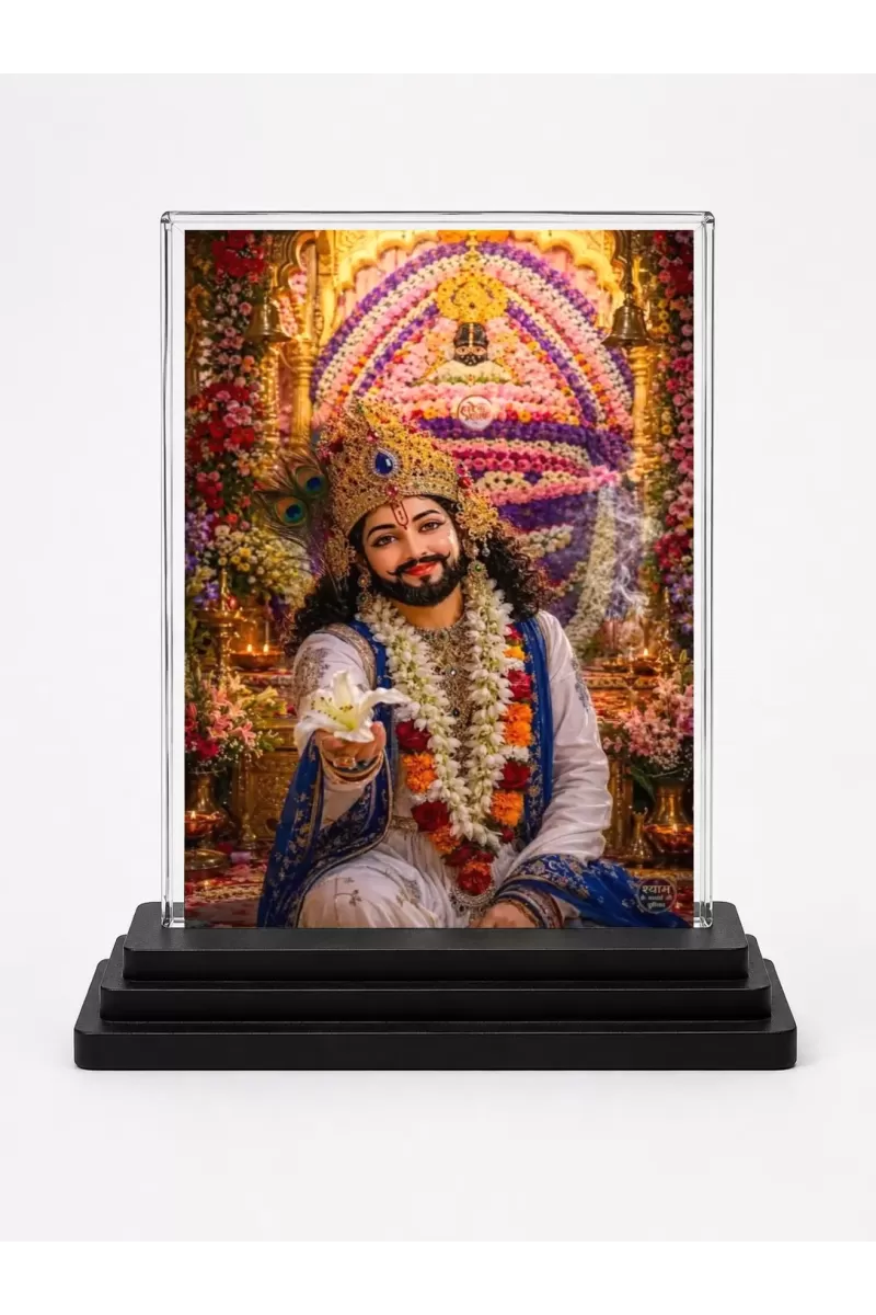 Khatu Shyam Ji Acrylic Car Dashboard Showpiece | Double-Sided Khatu Shyam Ji Photo Stand | 3 X 4 Inch Photo | Transparent Acrylic Frame With Black Base | Car Dashboard, Office & Table Decor (F70484)