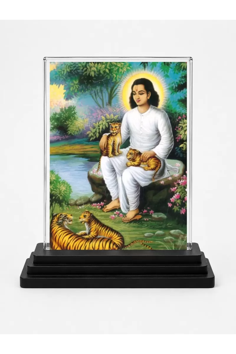 Sant Namdev Acrylic Car Dashboard Showpiece | Double-Sided Sant Namdev Photo Stand | 3 X 4 Inch Photo | Transparent Acrylic Frame With Black Base | Car Dashboard, Office & Table Decor (F70489)
