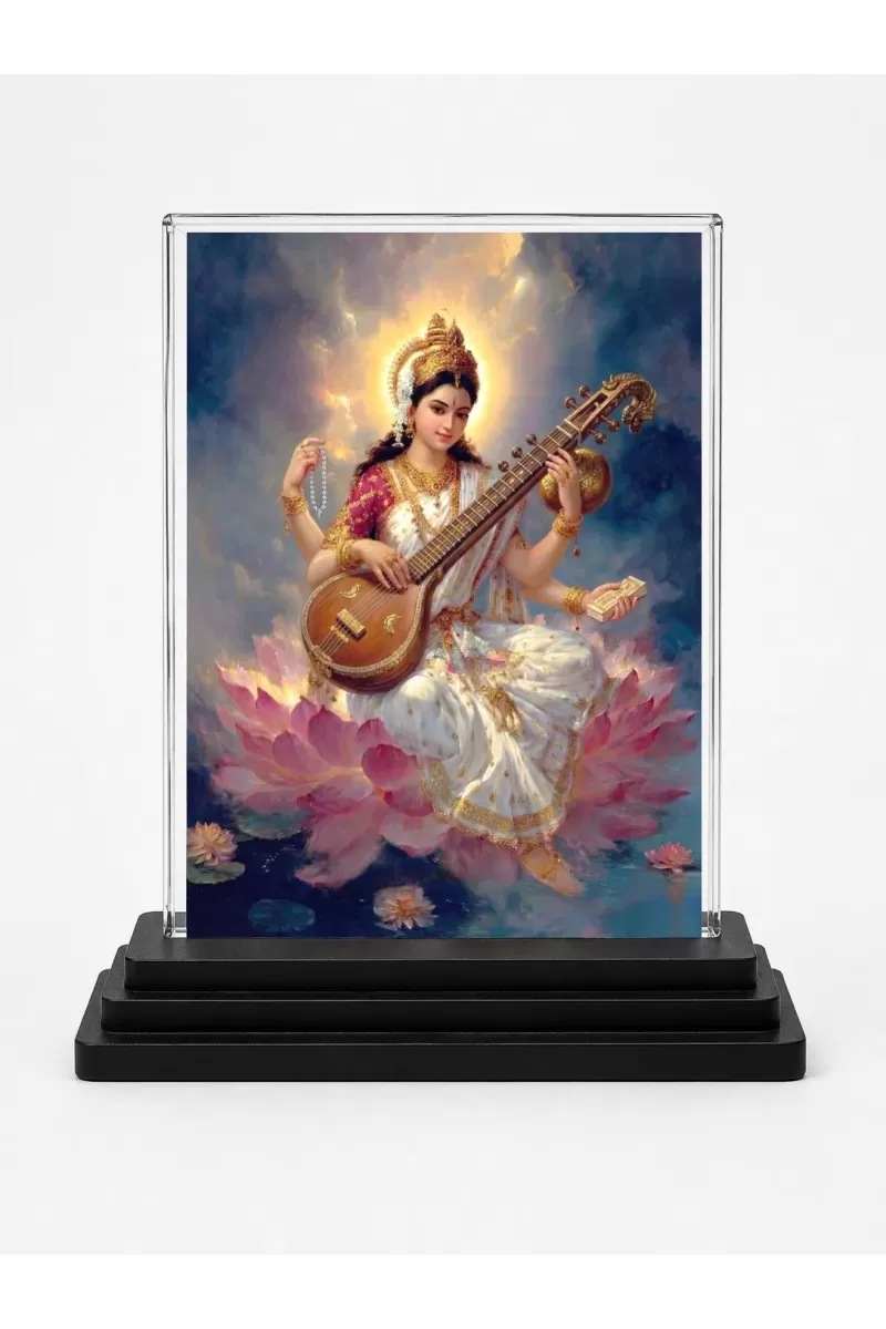 Hindu Goddess Acrylic Car Dashboard Showpiece | Double-Sided Hindu Goddess Photo Stand | 3 X 4 Inch Photo | Transparent Acrylic Frame With Black Base | Car Dashboard, Office & Table Decor (F70493)
