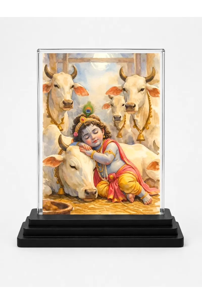 Bal Krishna Acrylic Car Dashboard Showpiece | Double-Sided Bal Krishna Photo Stand | 3 X 4 Inch Photo | Transparent Acrylic Frame With Black Base | Car Dashboard, Office & Table Decor (F70494)