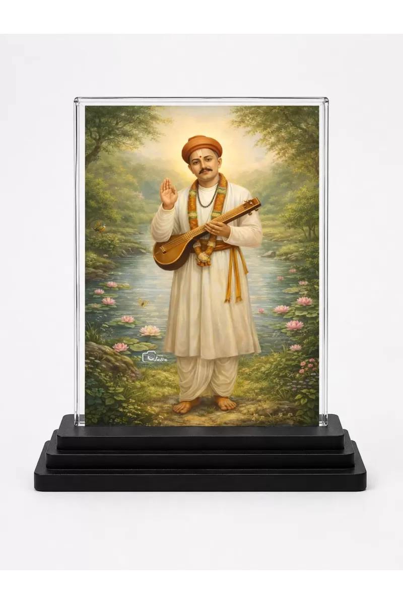 Sant Namdev Acrylic Car Dashboard Showpiece | Double-Sided Sant Namdev Photo Stand | 3 X 4 Inch Photo | Transparent Acrylic Frame With Black Base | Car Dashboard, Office & Table Decor (F70495)