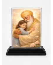 Guru Nanak Dev Ji Acrylic Car Dashboard Showpiece | Double-Sided Guru Nanak Dev Ji Photo Stand | 3 X 4 Inch Photo | Transparent Acrylic Frame With Black Base | Car Dashboard, Office & Table Decor (F70498)