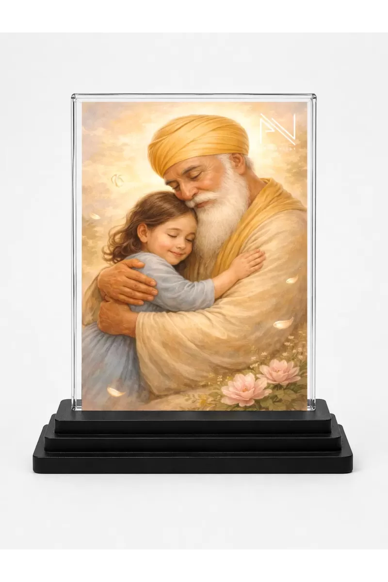 Guru Nanak Dev Ji Acrylic Car Dashboard Showpiece | Double-Sided Guru Nanak Dev Ji Photo Stand | 3 X 4 Inch Photo | Transparent Acrylic Frame With Black Base | Car Dashboard, Office & Table Decor (F70498)