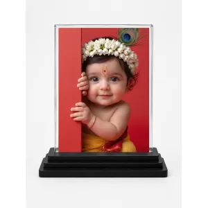 Hindu Deity Acrylic Car Dashboard Showpiece | Double-Sided Hindu Deity Photo Stand | 3 X 4 Inch Photo | Transparent Acrylic Frame With Black Base | Car Dashboard, Office & Table Decor (F70499)