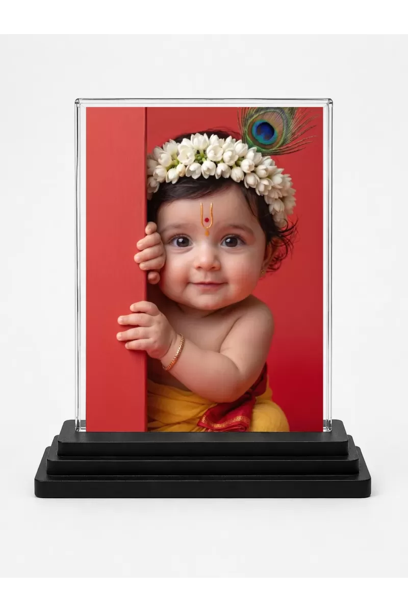 Hindu Deity Acrylic Car Dashboard Showpiece | Double-Sided Hindu Deity Photo Stand | 3 X 4 Inch Photo | Transparent Acrylic Frame With Black Base | Car Dashboard, Office & Table Decor (F70499)