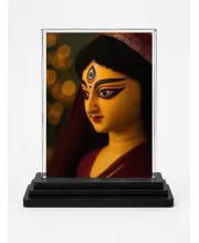 Durga Maa Acrylic Car Dashboard Showpiece | Double-Sided Durga Maa Photo Stand | 3 X 4 Inch Photo | Transparent Acrylic Frame With Black Base | Car Dashboard, Office & Table Decor (F70502)