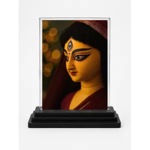 Durga Maa Acrylic Car Dashboard Showpiece | Double-Sided Durga Maa Photo Stand | 3 X 4 Inch Photo | Transparent Acrylic Frame With Black Base | Car Dashboard, Office & Table Decor (F70502)