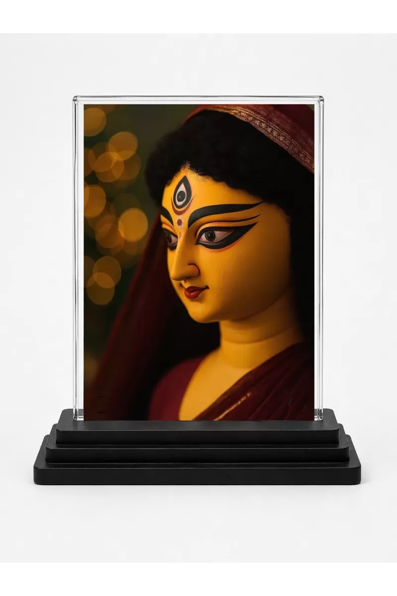 Durga Maa Acrylic Car Dashboard Showpiece | Double-Sided Durga Maa Photo Stand | 3 X 4 Inch Photo | Transparent Acrylic Frame With Black Base | Car Dashboard, Office & Table Decor (F70502)