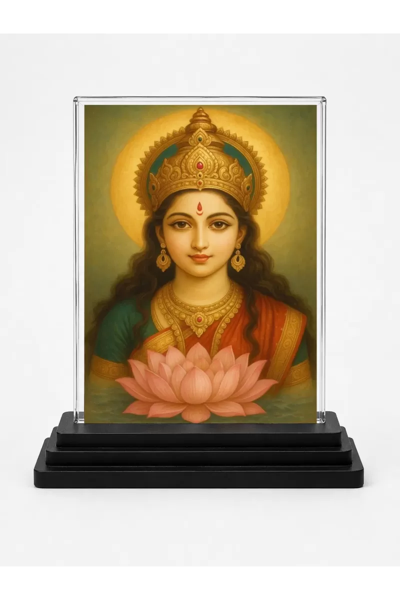 Lakshmi Acrylic Car Dashboard Showpiece | Double-Sided Lakshmi Photo Stand | 3 X 4 Inch Photo | Transparent Acrylic Frame With Black Base | Car Dashboard, Office & Table Decor (F70504)