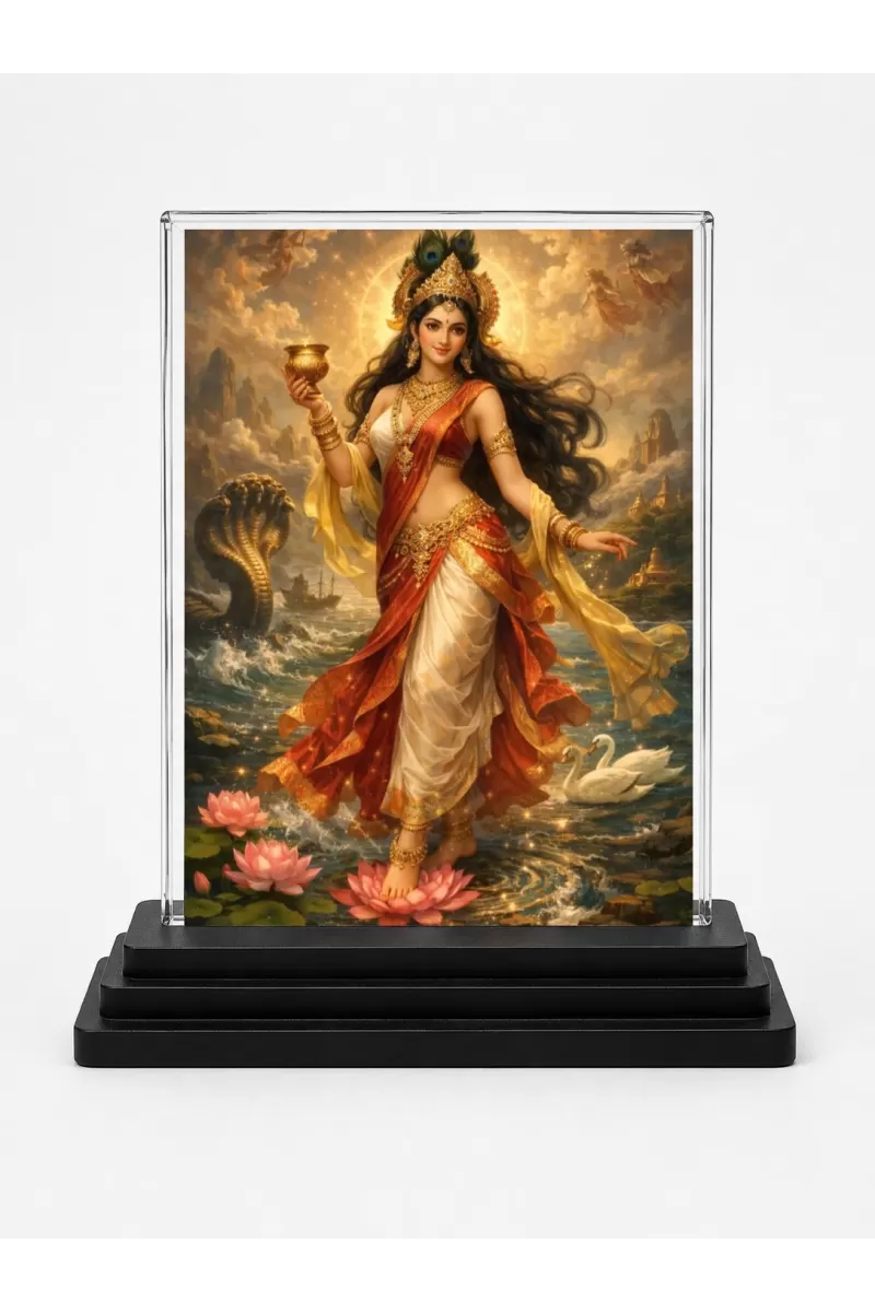 Hindu Goddess Acrylic Car Dashboard Showpiece | Double-Sided Hindu Goddess Photo Stand | 3 X 4 Inch Photo | Transparent Acrylic Frame With Black Base | Car Dashboard, Office & Table Decor (F70507)