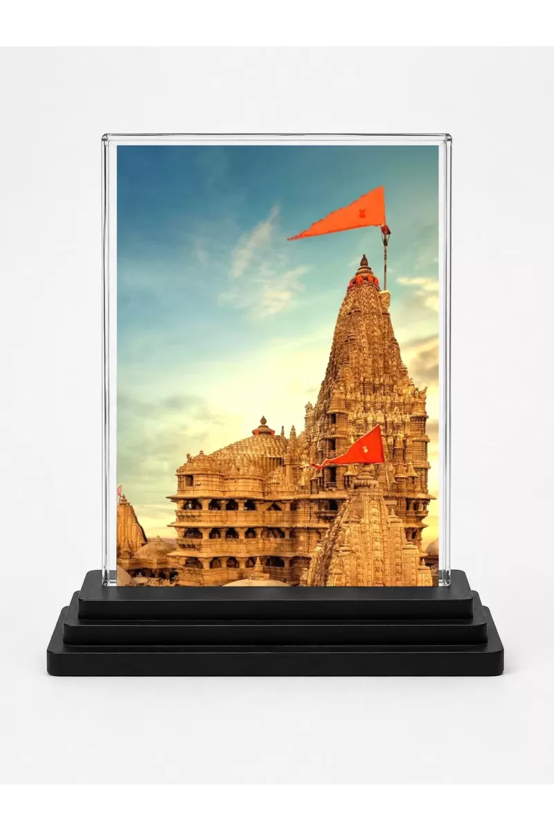 Dwarkadhish Temple Acrylic Car Dashboard Showpiece | Double-Sided Dwarkadhish Temple Photo Stand | 3 X 4 Inch Photo | Transparent Acrylic Frame With Black Base | Car Dashboard, Office & Table Decor (F70509)