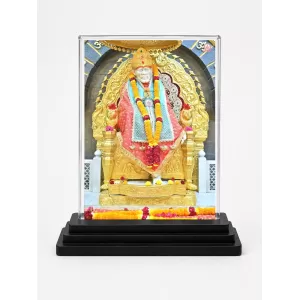 Sai Baba Of Shirdi Acrylic Car Dashboard Showpiece | Double-Sided Sai Baba Of Shirdi Photo Stand | 3 X 4 Inch Photo | Transparent Acrylic Frame With Black Base | Car Dashboard, Office & Table Decor (F70511)