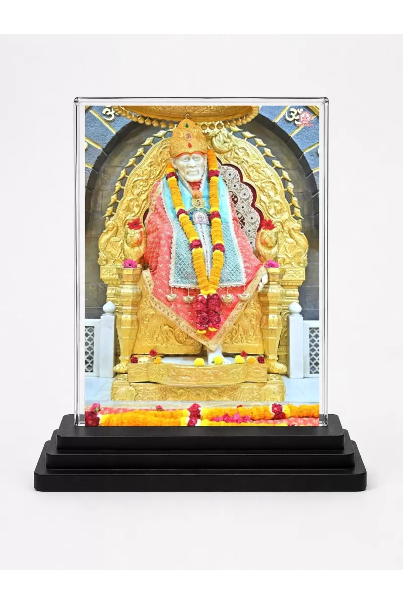 Sai Baba Of Shirdi Acrylic Car Dashboard Showpiece | Double-Sided Sai Baba Of Shirdi Photo Stand | 3 X 4 Inch Photo | Transparent Acrylic Frame With Black Base | Car Dashboard, Office & Table Decor (F70511)