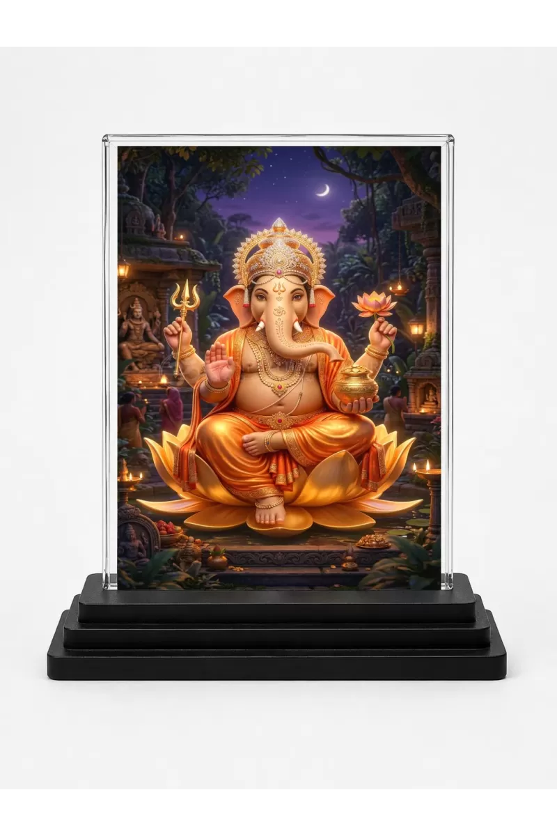Lord Ganesha Acrylic Car Dashboard Showpiece | Double-Sided Lord Ganesha Photo Stand | 3 X 4 Inch Photo | Transparent Acrylic Frame With Black Base | Car Dashboard, Office & Table Decor (F70512)