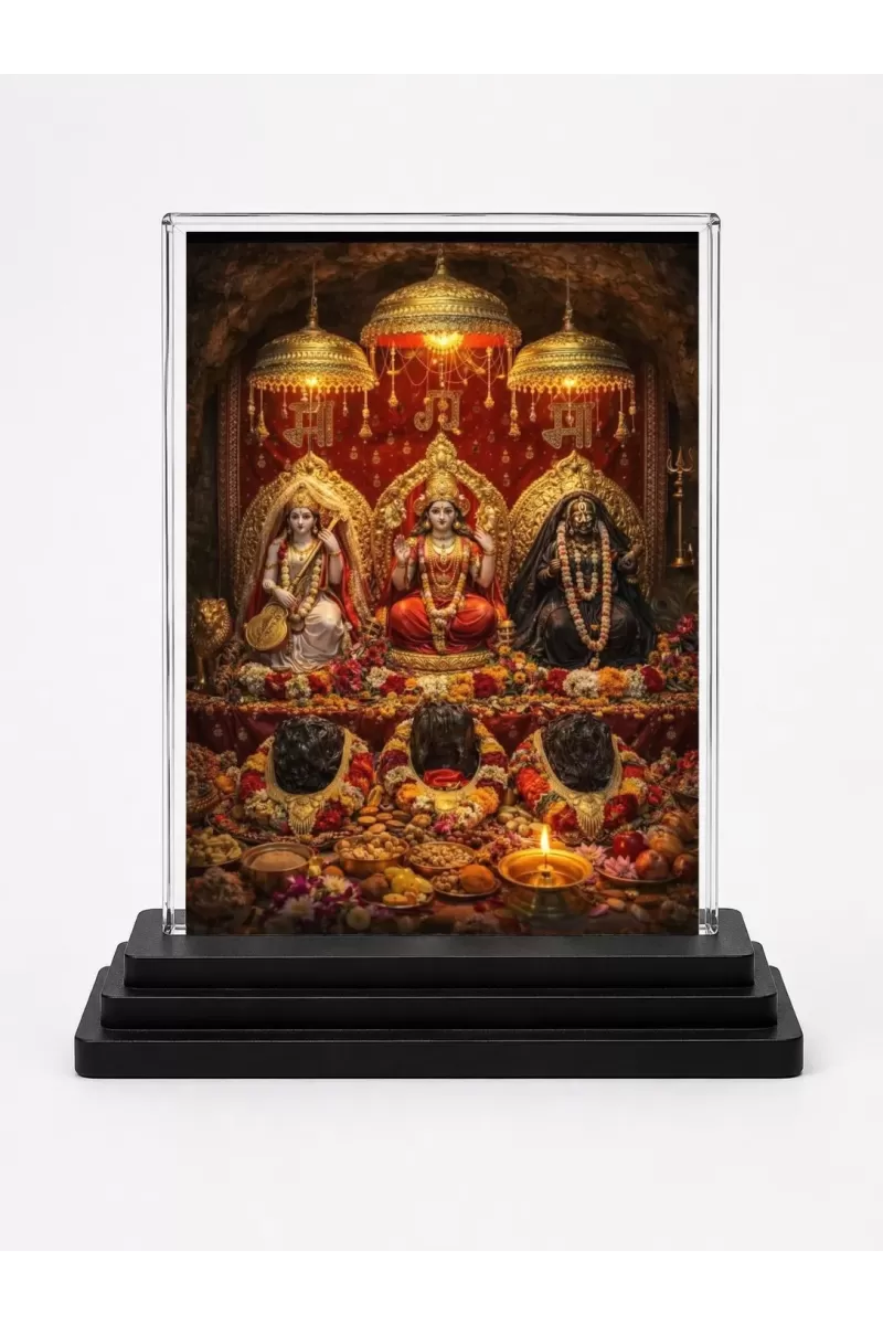 Vaishno Devi Acrylic Car Dashboard Showpiece | Double-Sided Vaishno Devi Photo Stand | 3 X 4 Inch Photo | Transparent Acrylic Frame With Black Base | Car Dashboard, Office & Table Decor (F70513)