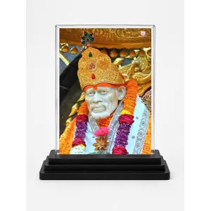 Sai Baba Of Shirdi Acrylic Car Dashboard Showpiece | Double-Sided Sai Baba Of Shirdi Photo Stand | 3 X 4 Inch Photo | Transparent Acrylic Frame With Black Base | Car Dashboard, Office & Table Decor (F70517)