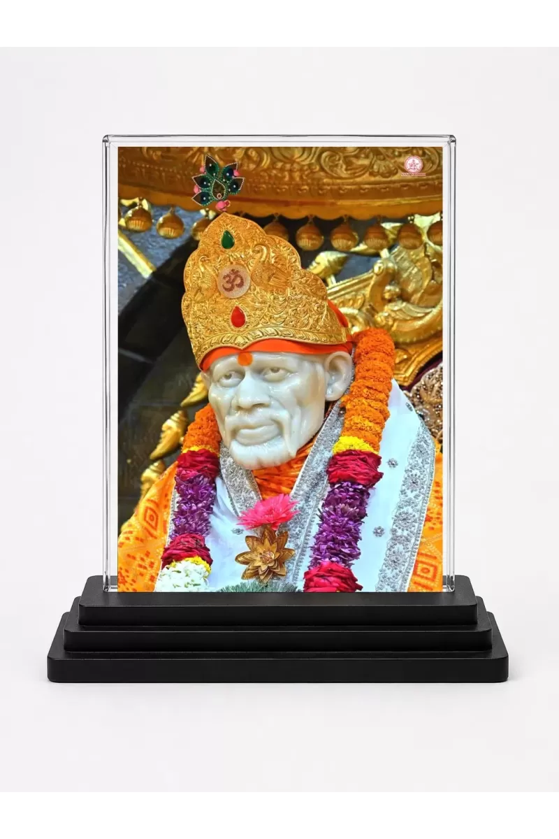 Sai Baba Of Shirdi Acrylic Car Dashboard Showpiece | Double-Sided Sai Baba Of Shirdi Photo Stand | 3 X 4 Inch Photo | Transparent Acrylic Frame With Black Base | Car Dashboard, Office & Table Decor (F70517)