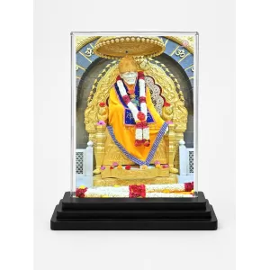 Sai Baba Of Shirdi Acrylic Car Dashboard Showpiece | Double-Sided Sai Baba Of Shirdi Photo Stand | 3 X 4 Inch Photo | Transparent Acrylic Frame With Black Base | Car Dashboard, Office & Table Decor (F70523)