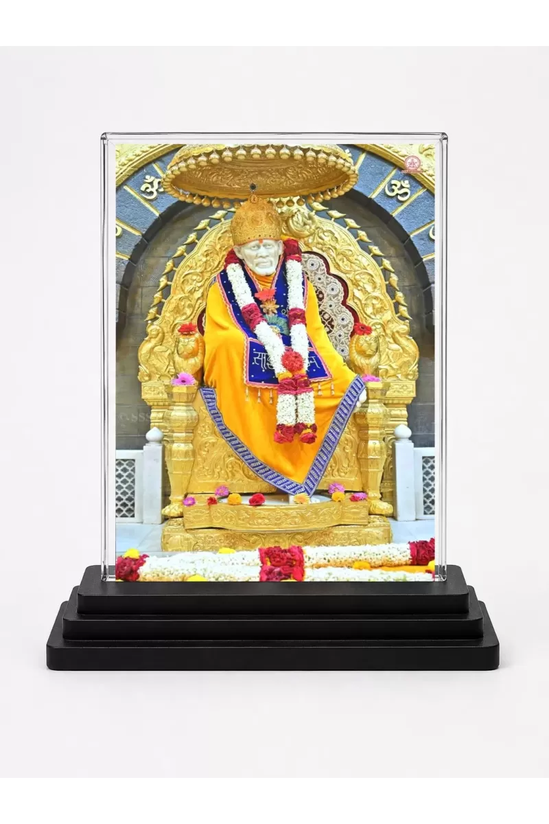 Sai Baba Of Shirdi Acrylic Car Dashboard Showpiece | Double-Sided Sai Baba Of Shirdi Photo Stand | 3 X 4 Inch Photo | Transparent Acrylic Frame With Black Base | Car Dashboard, Office & Table Decor (F70523)