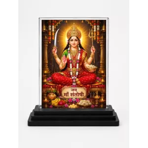 Santoshi Mata Acrylic Car Dashboard Showpiece | Double-Sided Santoshi Mata Photo Stand | 3 X 4 Inch Photo | Transparent Acrylic Frame With Black Base | Car Dashboard, Office & Table Decor (F70525)