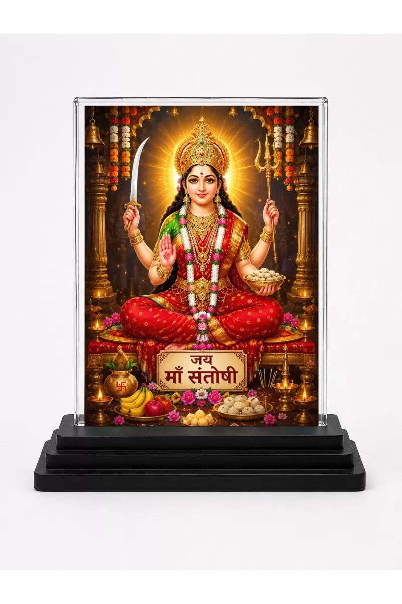 Santoshi Mata Acrylic Car Dashboard Showpiece | Double-Sided Santoshi Mata Photo Stand | 3 X 4 Inch Photo | Transparent Acrylic Frame With Black Base | Car Dashboard, Office & Table Decor (F70525)