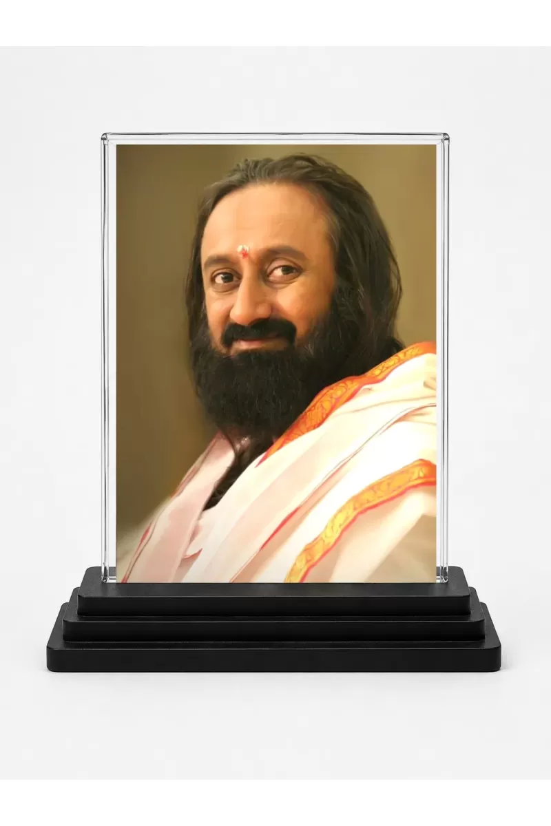 Sri Sri Ravi Shankar Acrylic Car Dashboard Showpiece | Double-Sided Sri Sri Ravi Shankar Photo Stand | 3 X 4 Inch Photo | Transparent Acrylic Frame With Black Base | Car Dashboard, Office & Table Decor (F70529)