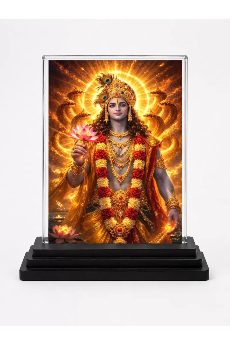 Krishna Acrylic Car Dashboard Showpiece | Double-Sided Krishna Photo Stand | 3 X 4 Inch Photo | Transparent Acrylic Frame With Black Base | Car Dashboard, Office & Table Decor (F70534)