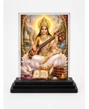 Saraswati Acrylic Car Dashboard Showpiece | Double-Sided Saraswati Photo Stand | 3 X 4 Inch Photo | Transparent Acrylic Frame With Black Base | Car Dashboard, Office & Table Decor (F70536)