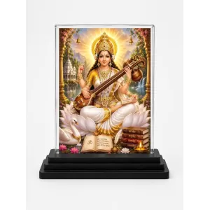 Saraswati Acrylic Car Dashboard Showpiece | Double-Sided Saraswati Photo Stand | 3 X 4 Inch Photo | Transparent Acrylic Frame With Black Base | Car Dashboard, Office & Table Decor (F70536)